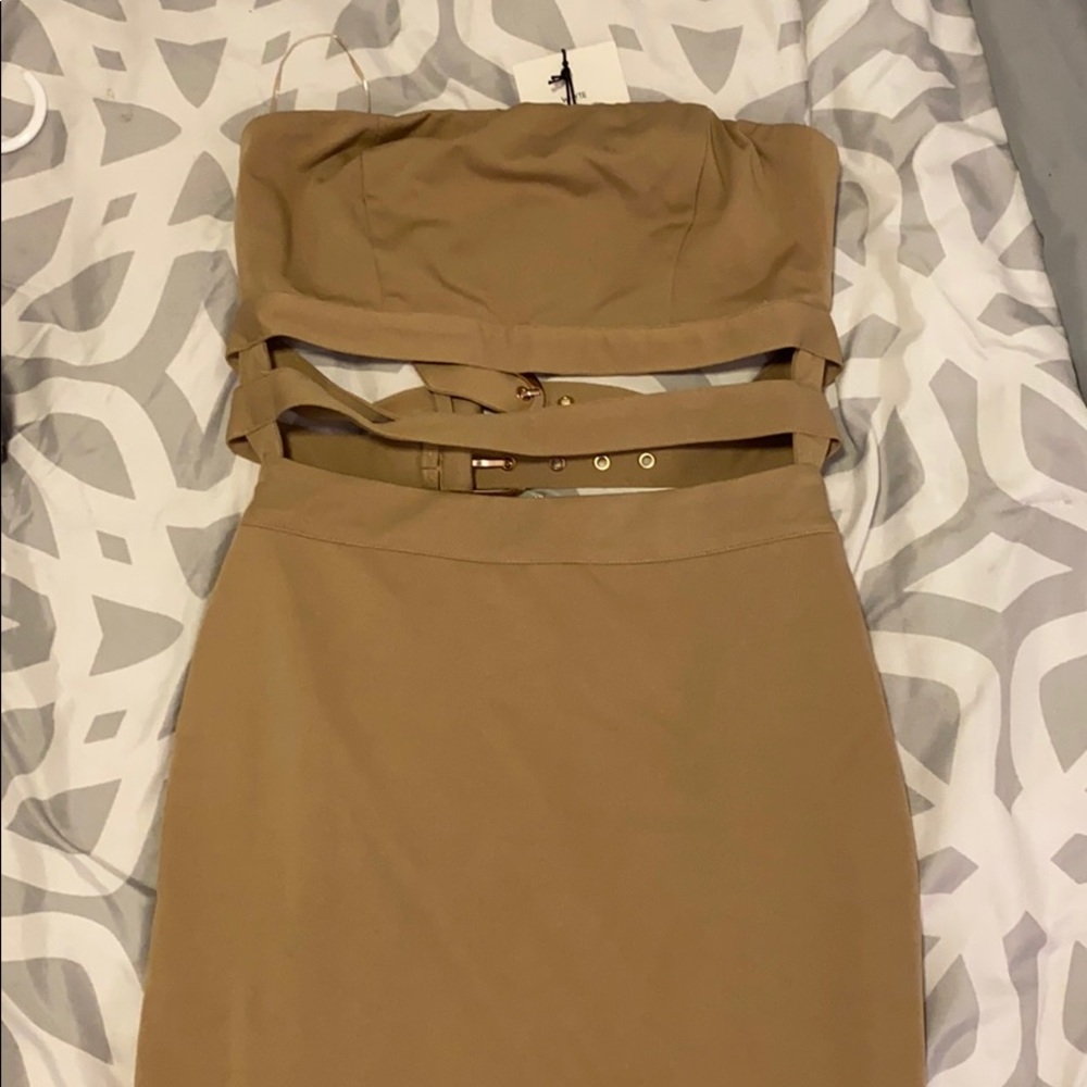 Camel strapless dress